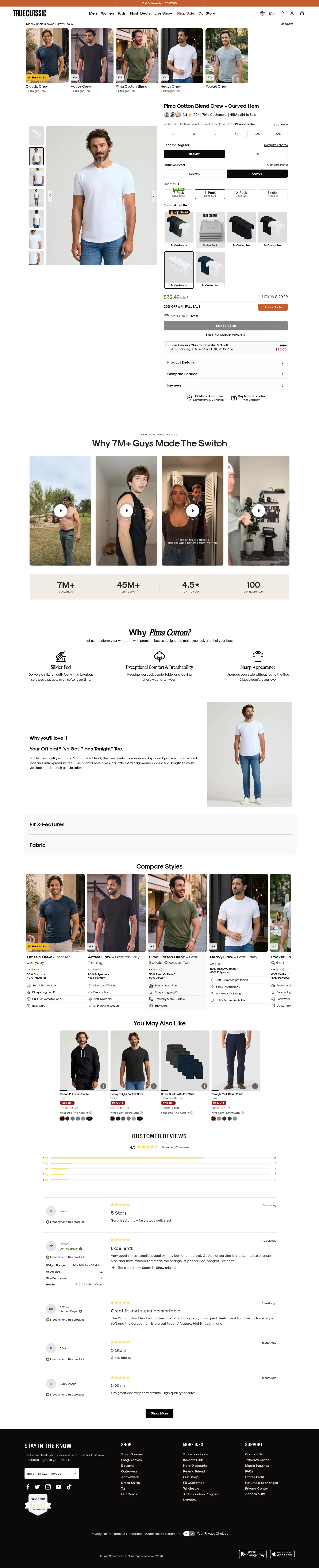 trueclassictees.com/products/all-white-pima-cotton-blend-curved-hem-crew-4-pack on desktop, full screenshot