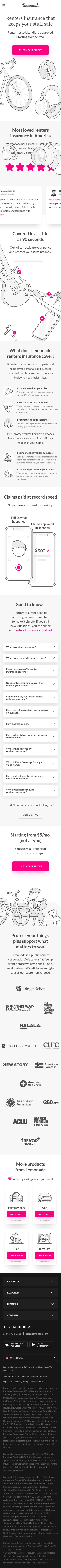 lemonade.com/renters on mobile, full screenshot
