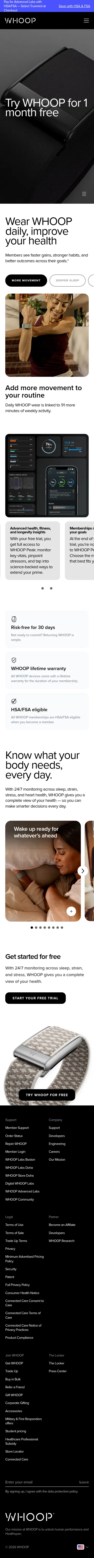 whoop.com/us/en/whoop-trials on mobile, full screenshot