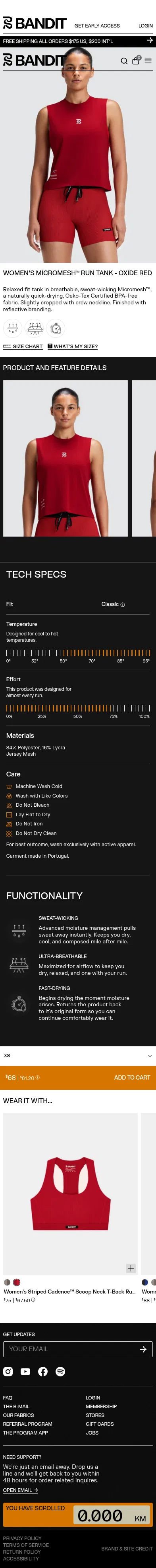 banditrunning.com/products/womens-micromesh%E2%84%A2-run-tank-oxide-red on mobile, full screenshot