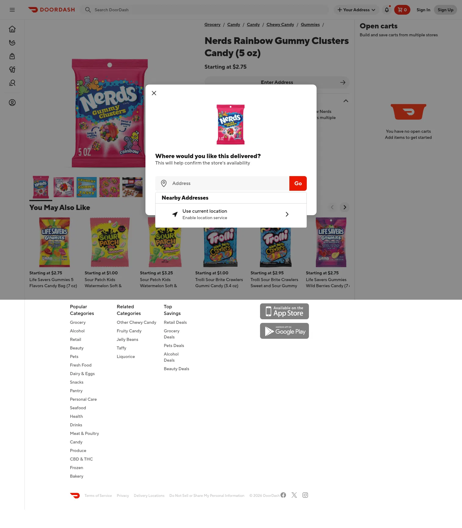 doordash.com/products/nerds-rainbow-gummy-clusters-candy-(5-oz)/urpc_a962e504-52b8-476e-8002-5a0729db4111 on desktop, full screenshot