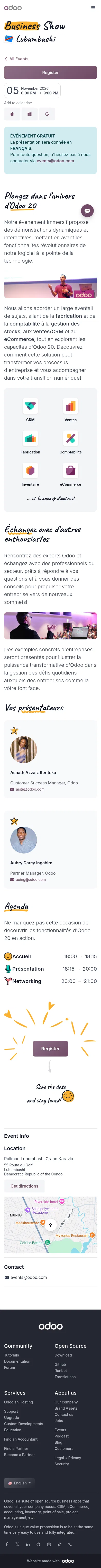 odoo.com/event/business-show-lubumbashi-12495/register on mobile, full screenshot