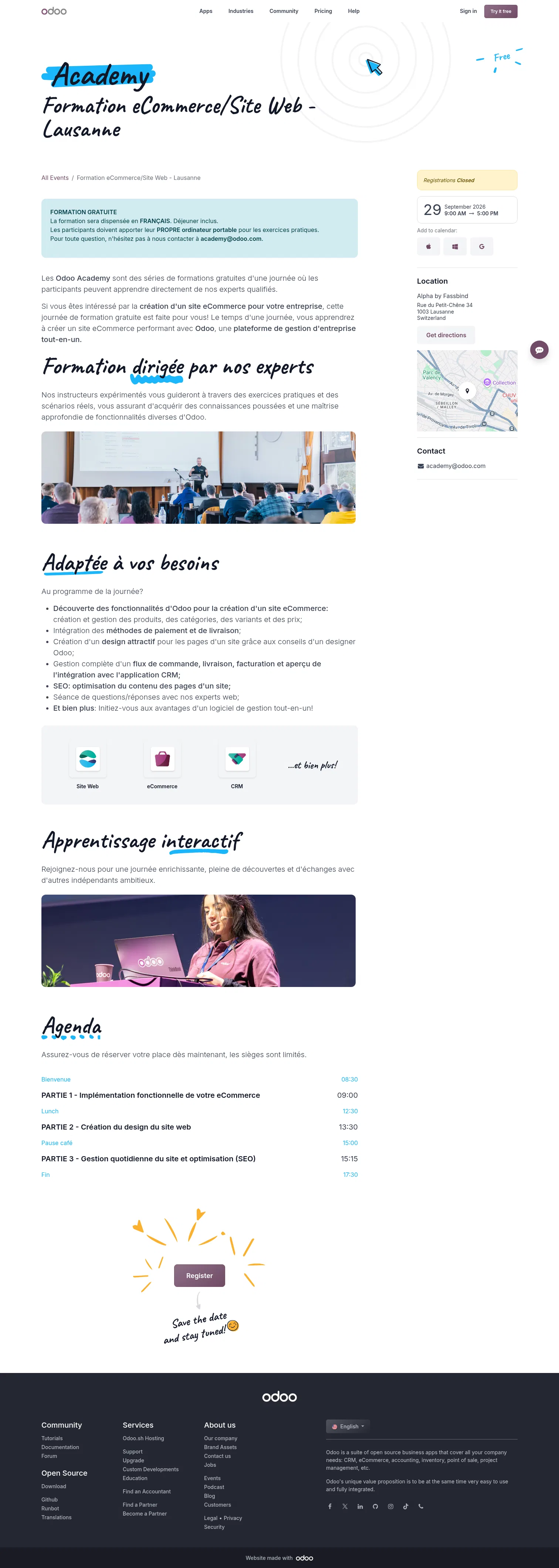 odoo.com/event/formation-ecommerce-site-web-lausanne-11609/register on desktop, full screenshot