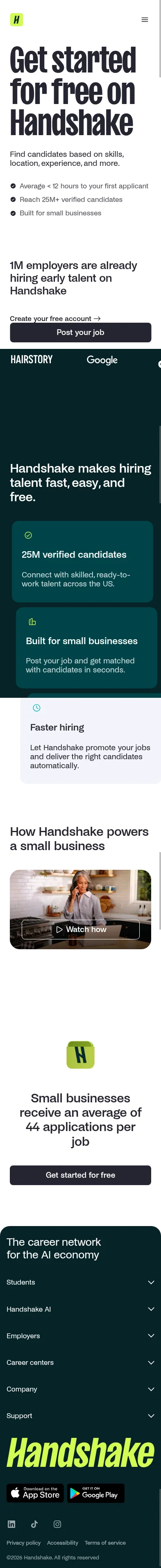 joinhandshake.com/employers/hire-for-free on mobile