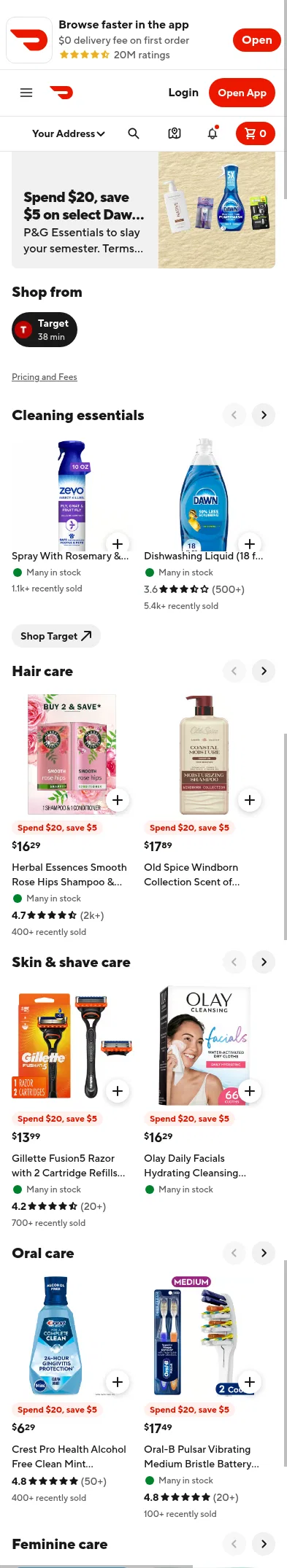 doordash.com/brand/pg-target-survivecollege on mobile, full screenshot