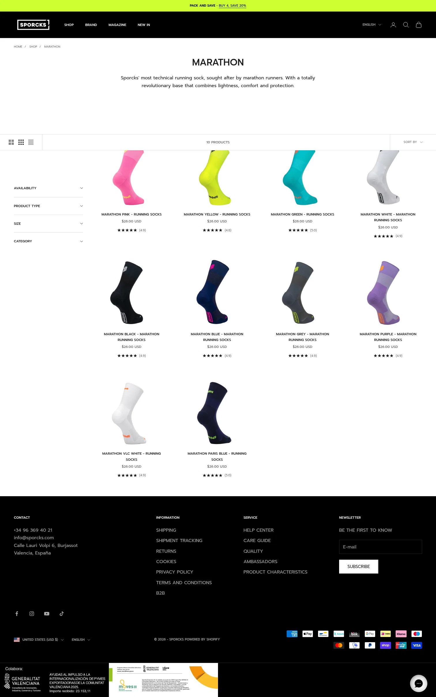 sporcks.com/collections/marathon-running-socks on desktop, full screenshot