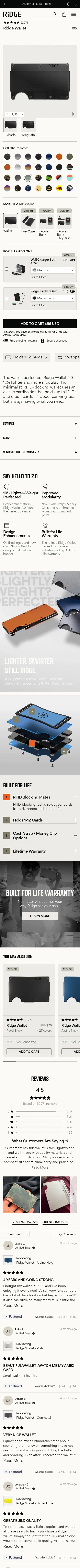 ridge.com/products/phantom on mobile, full screenshot
