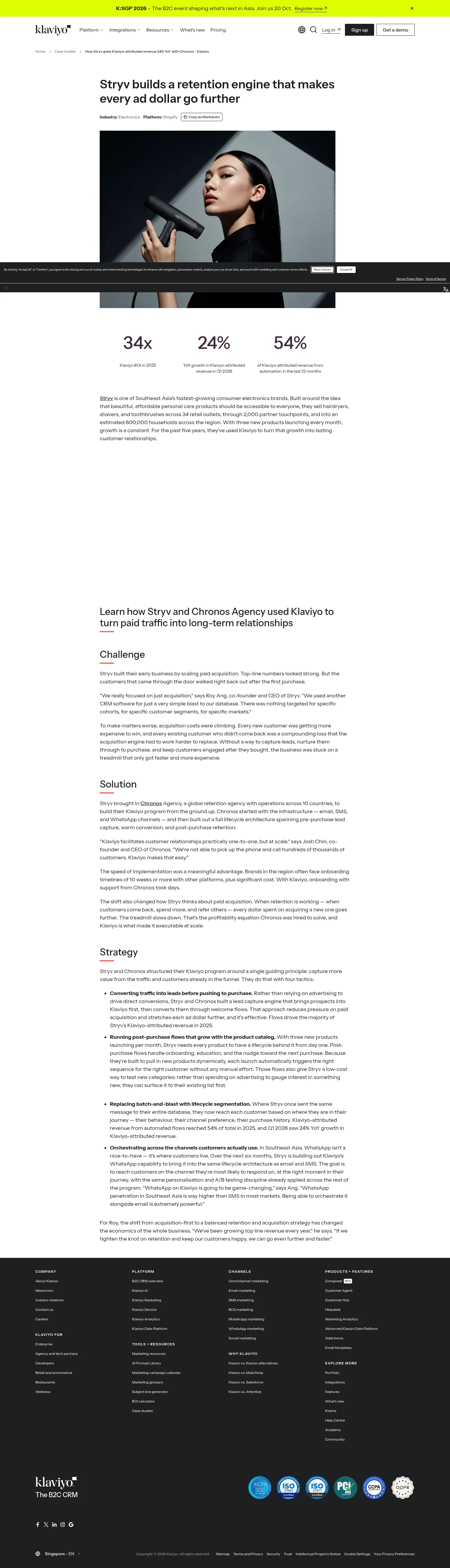klaviyo.com/sg/customers/case-studies/stryv-chronos on desktop, full screenshot
