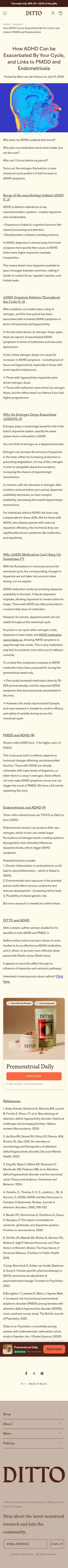 dittodaily.com/blogs/news/how-adhd-can-be-exacerbated-by-your-cycle-and-links-to-pmdd-and-endometriosis on mobile, full screenshot