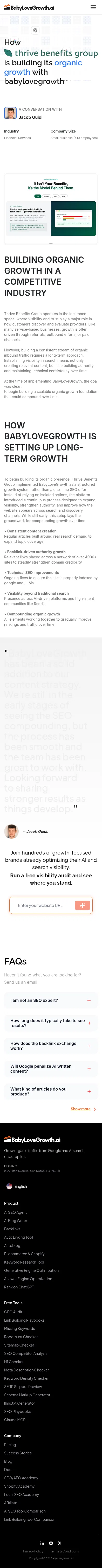 babylovegrowth.ai/en/success-stories/thrive-benefits on mobile, full screenshot