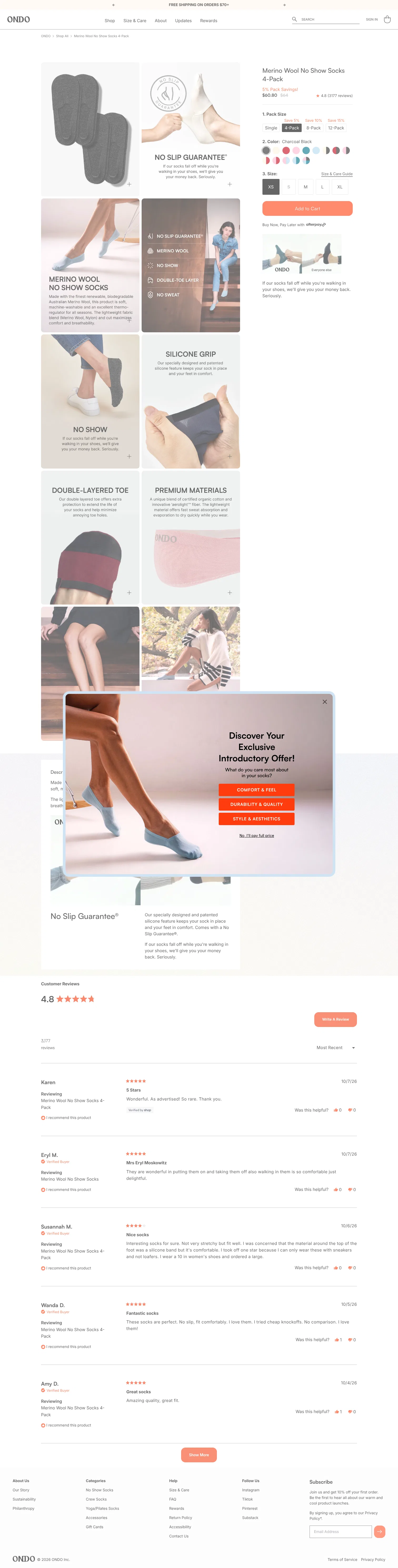 ondo.com/products/merino-wool-no-show-socks-4-pack on desktop, full screenshot