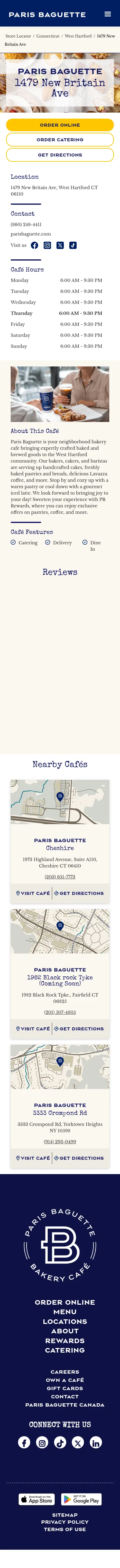 parisbaguette.com/locations/ct/west-hartford/1479-new-britain-avenue on mobile, full screenshot