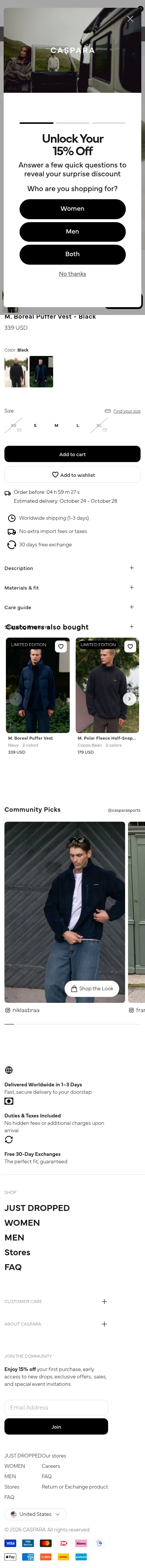 casparasports.com/collections/men-the-transition-edit/products/m-boreal-puffer-vest-mineral-black on mobile, full screenshot