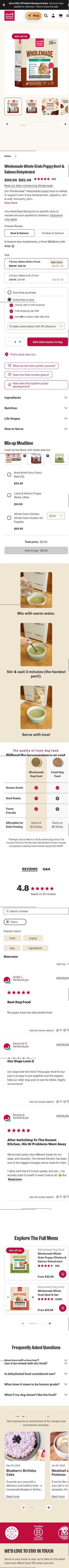 thehonestkitchen.com/products/wholemade-whole-grain-beef-and-salmon-puppy-dehydrated-dog-food on mobile, full screenshot