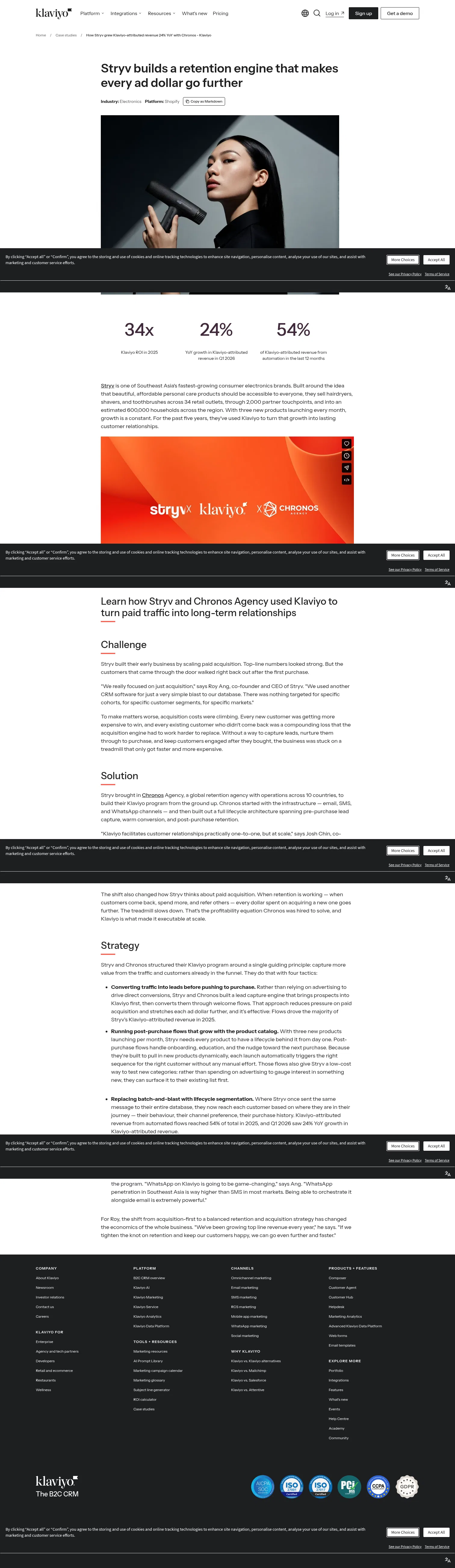 klaviyo.com/sg/customers/case-studies/stryv-chronos on desktop, full screenshot