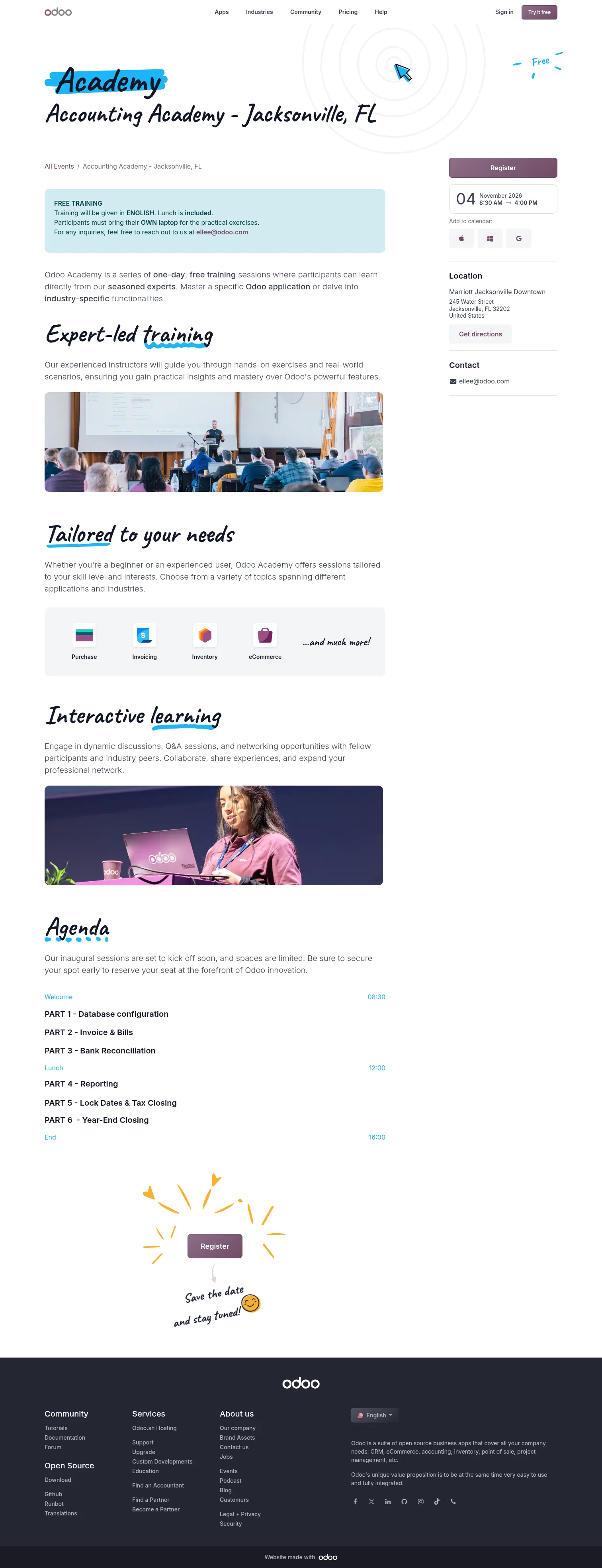 odoo.com/event/accounting-academy-jacksonville-fl-12249/register on desktop, full screenshot