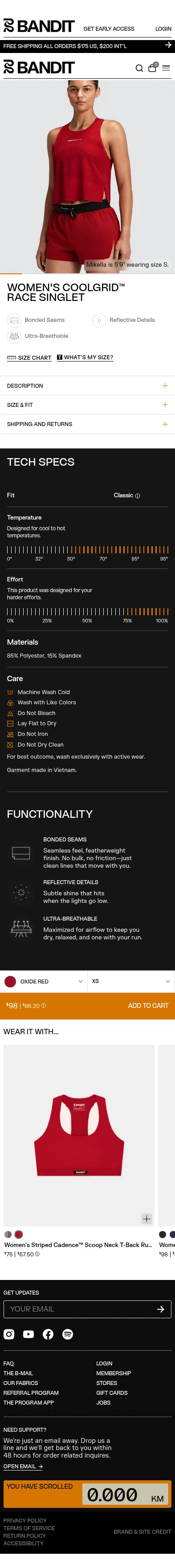 banditrunning.com/products/womens-coolgrid%E2%84%A2-race-singlet-oxide-red on mobile, full screenshot