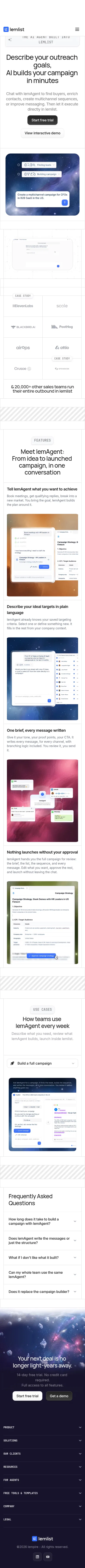lemlist.com/product/lemagent on mobile, full screenshot