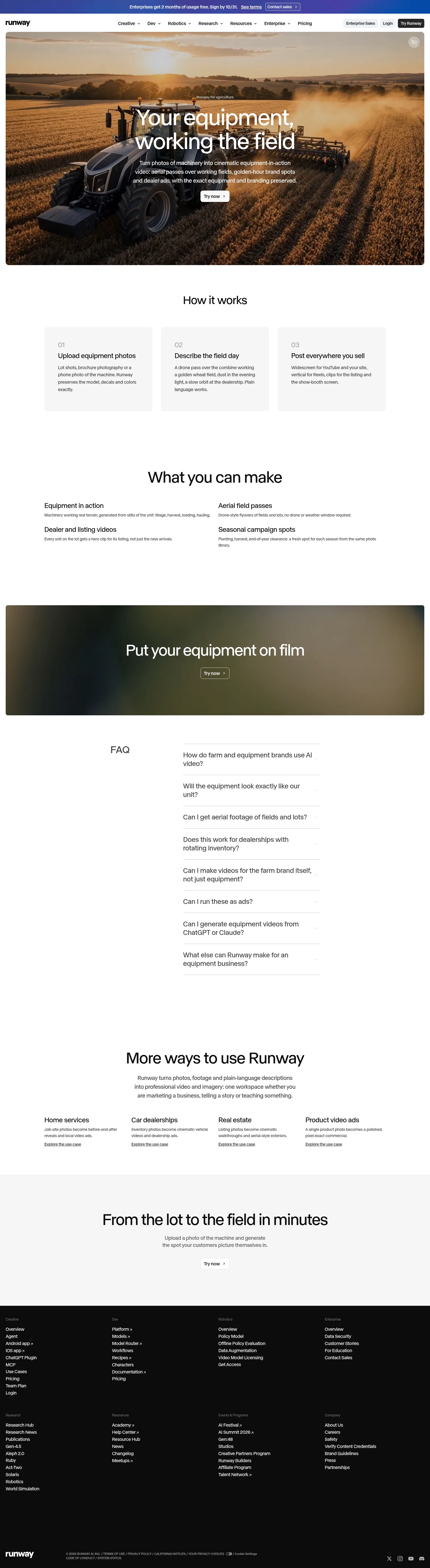 runway.com/use-cases/agriculture on desktop, full screenshot
