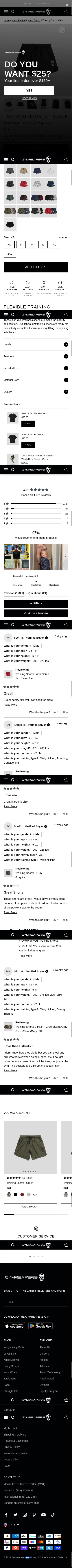 gymreapers.com/products/gymreapers-training-shorts-black on mobile, full screenshot