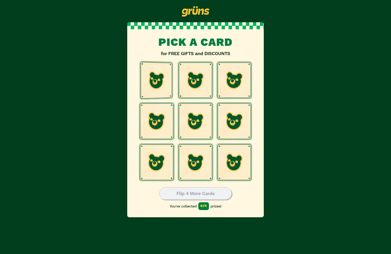 gruns.co/pages/flip-to-win on desktop, full screenshot