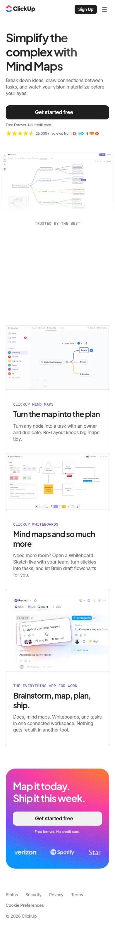 clickup.com/lp/features/mind-maps on mobile, full screenshot