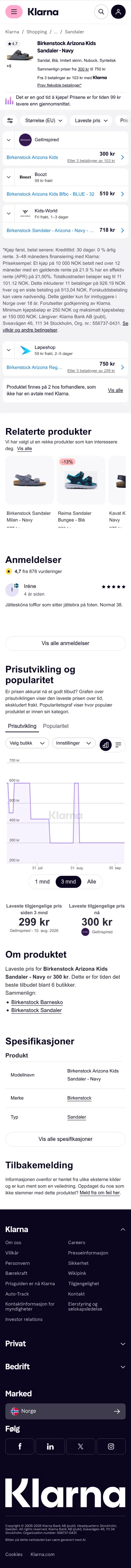klarna.com/no/shopping/pl/cl1194/3348798381/Barnesko/Birkenstock-Arizona-Sandaler-Navy on mobile, full screenshot