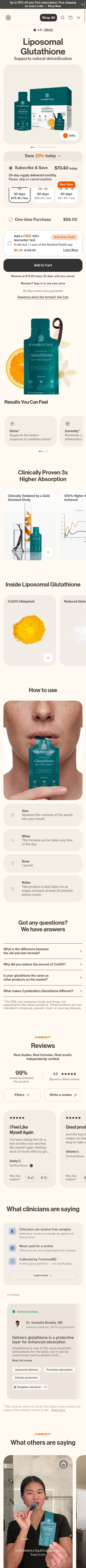 cymbiotika.com/products/glutathione on mobile, full screenshot