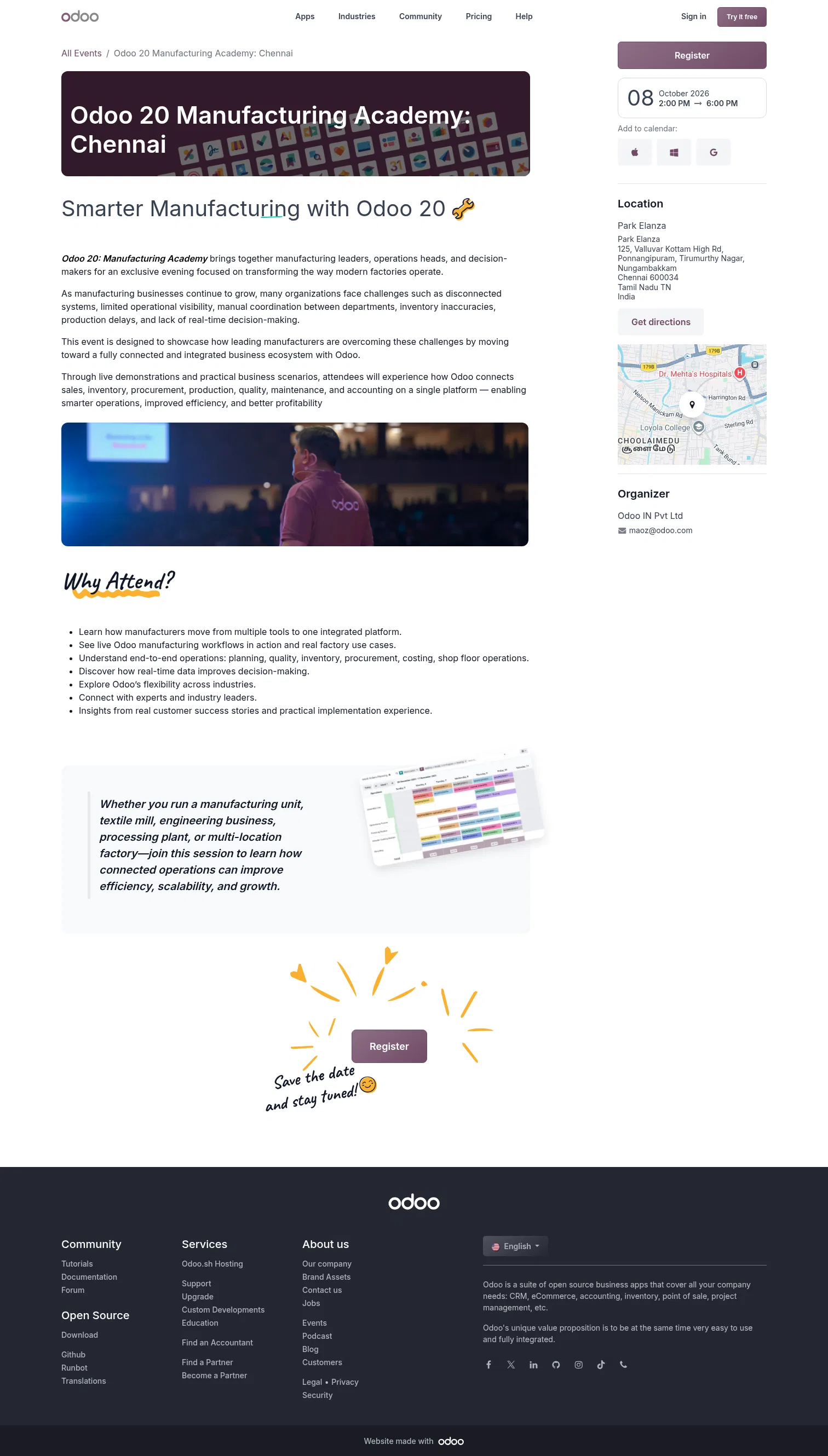 odoo.com/event/odoo-20-manufacturing-academy-chennai-12014/register on desktop, full screenshot