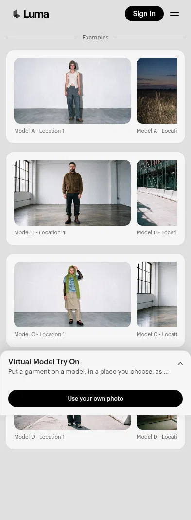 app.lumalabs.ai/solutions/virtual-model-try-on on mobile, full screenshot