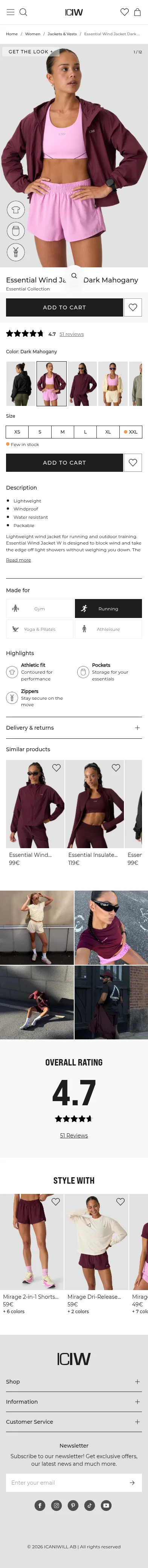 iciw.com/en/women/women-jackets/essential-wind-jacket-dark-mahogany-dark_-mahogany on mobile, full screenshot