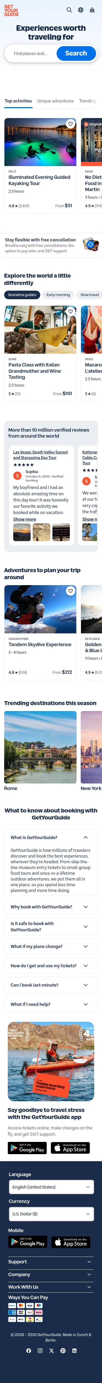 getyourguide.com/discover on mobile, full screenshot