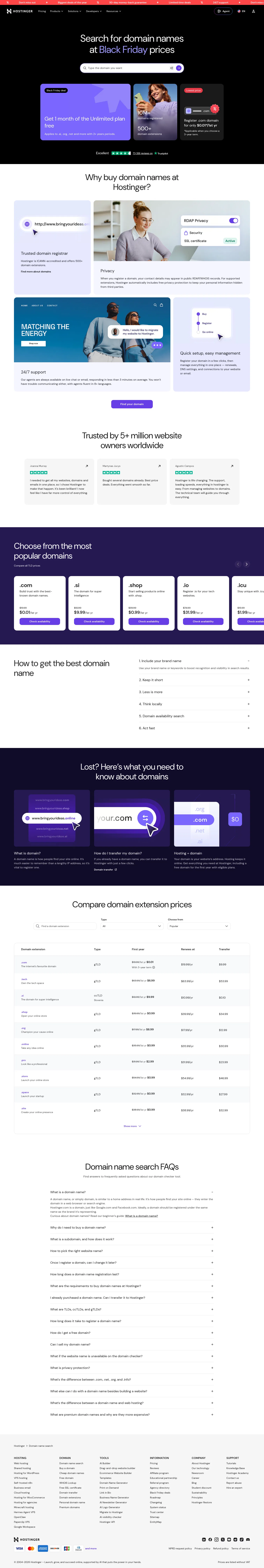 hostinger.com/domain-name-search on desktop, full screenshot
