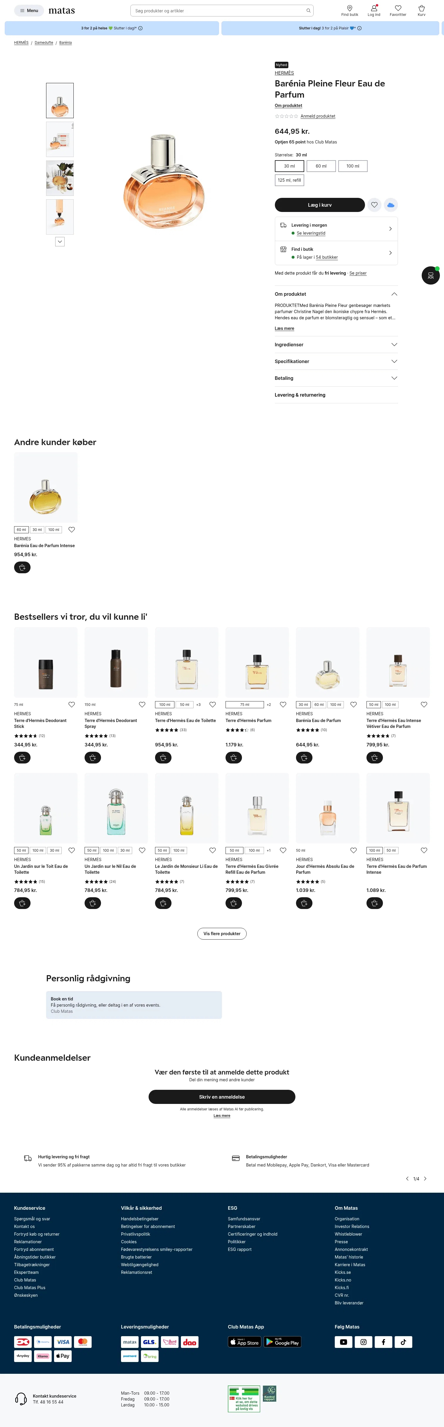 matas.dk/hermes-barenia-pleine-fleur-eau-de-parfum-30-ml on desktop, full screenshot