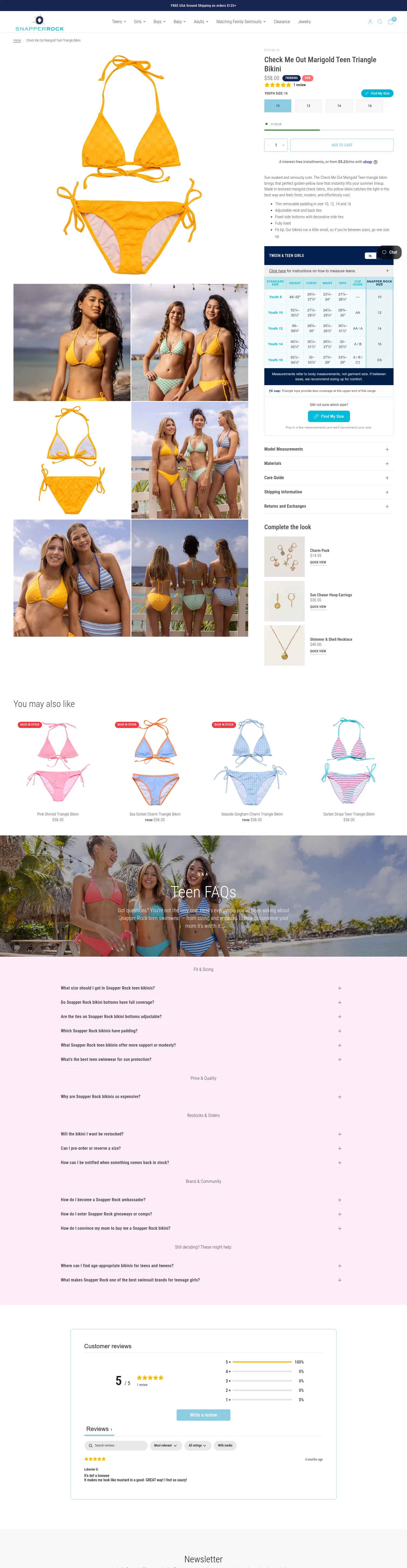 snapperrock.com/products/check-me-out-marigold-teen-triangle-bikini on desktop, full screenshot