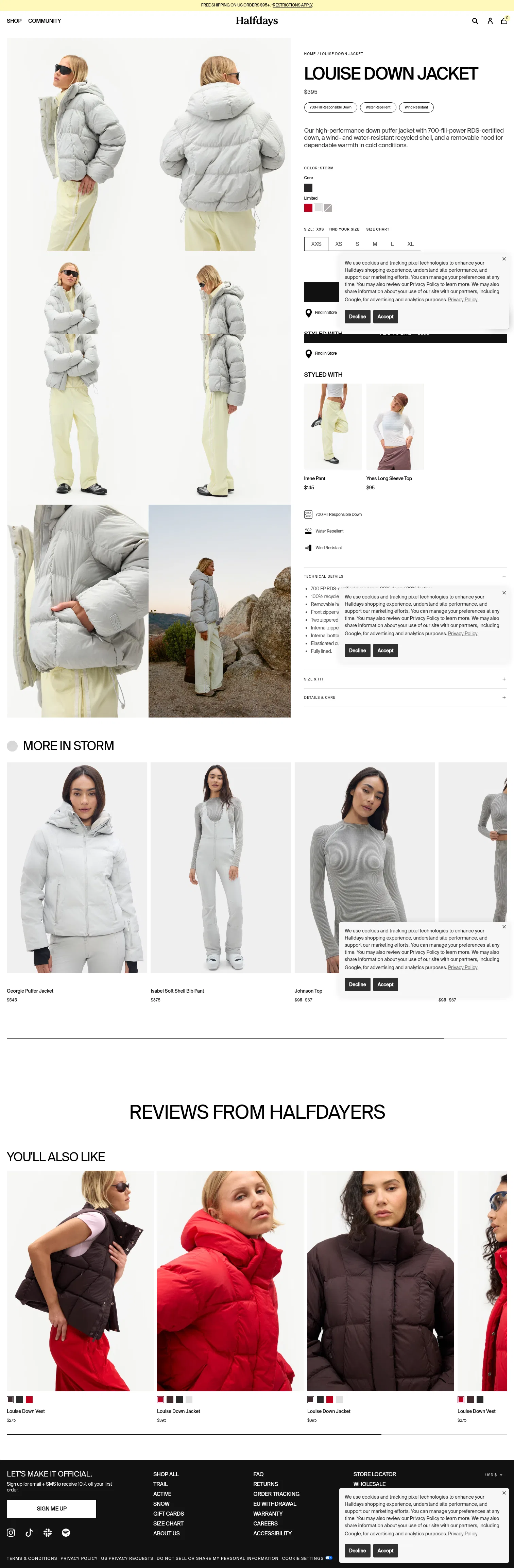 halfdays.com/products/louise-down-jacket-storm on desktop, full screenshot