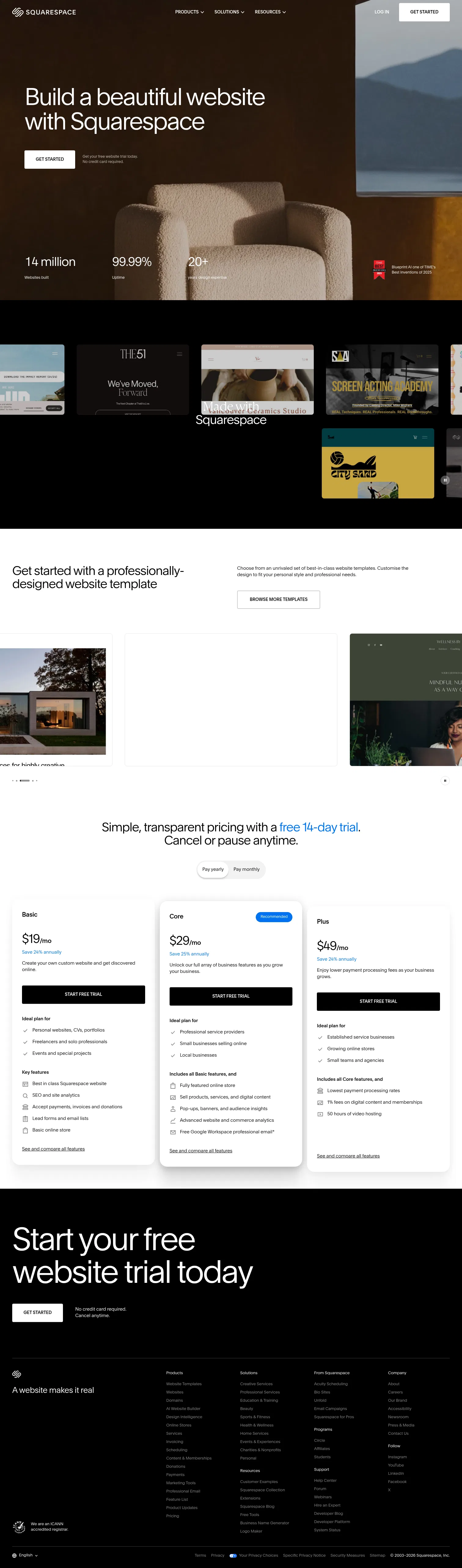 squarespace.com/go/build-a-website/ca on desktop, full screenshot
