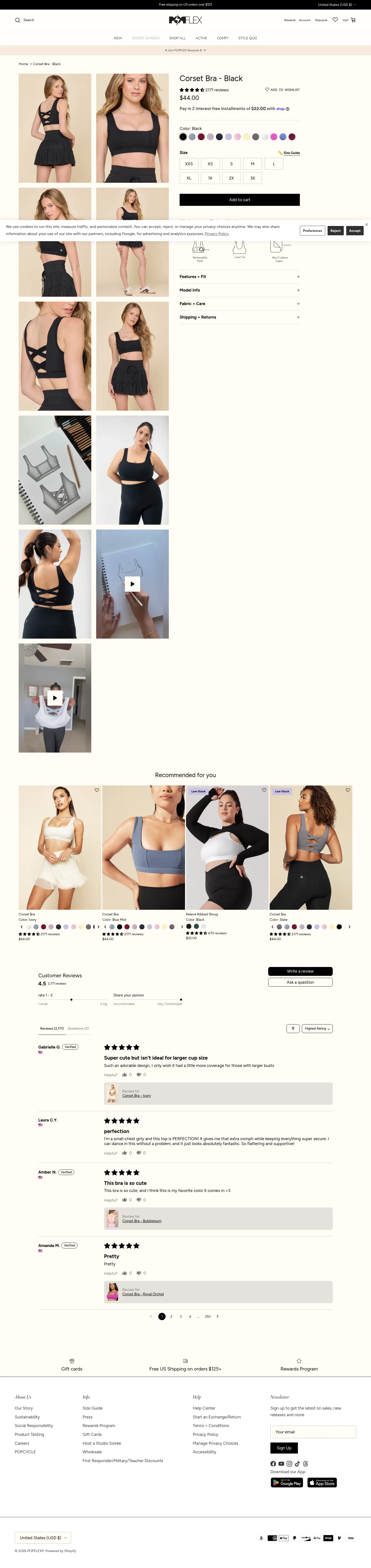 popflexactive.com/products/corset-bra-black on desktop, full screenshot