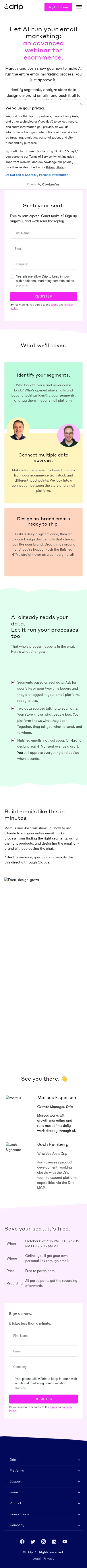 drip.com/ai-email-marketing-webinar-advanced on mobile, full screenshot