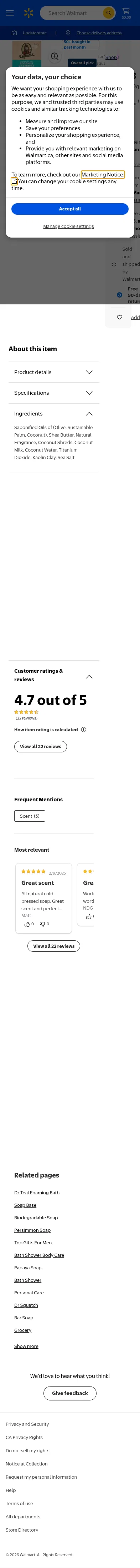 walmart.ca/en/ip/Dr-Squatch-Coconut-Castaway-Bar-Soap/6000207514912 on mobile, full screenshot