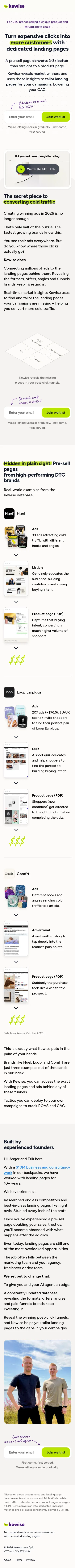 kewise.com/pages/ecom-waitlist on mobile, full screenshot