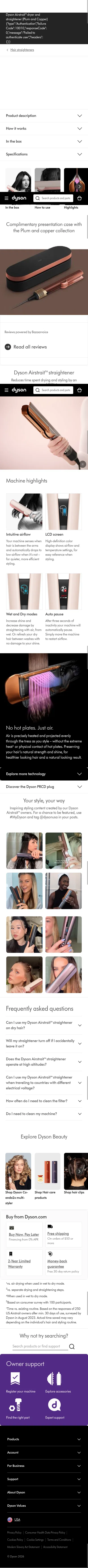 dyson.com/hair-care/hair-straighteners/airstrait/plum-copper on mobile, full screenshot