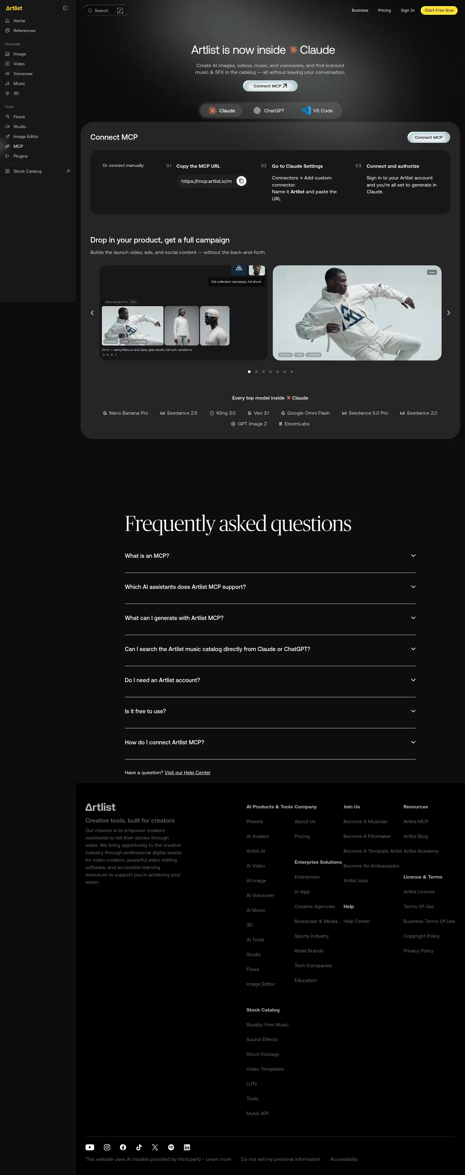 artlist.io/mcp on desktop, full screenshot