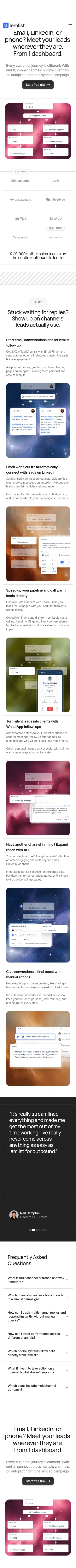lemlist.com/ads/multichannel-outreach on mobile, full screenshot