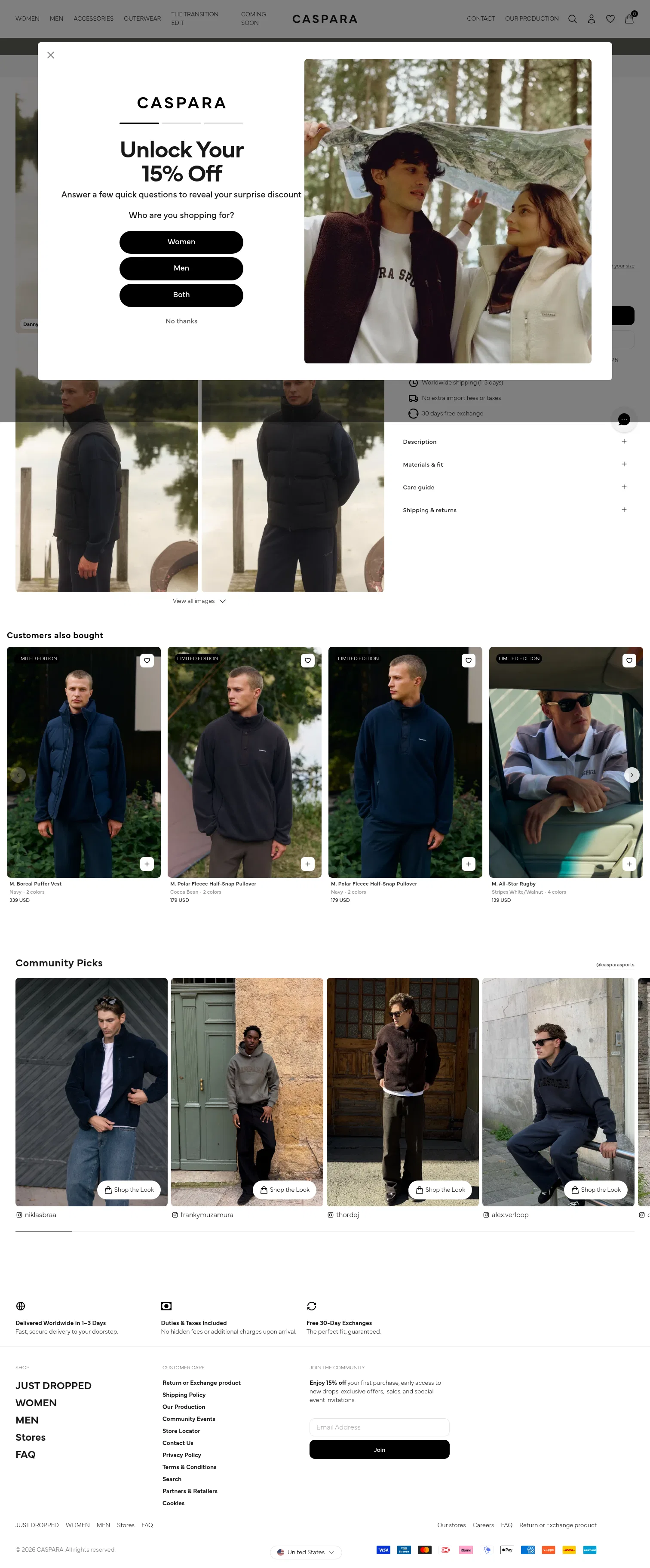 casparasports.com/collections/men-the-transition-edit/products/m-boreal-puffer-vest-mineral-black on desktop, full screenshot