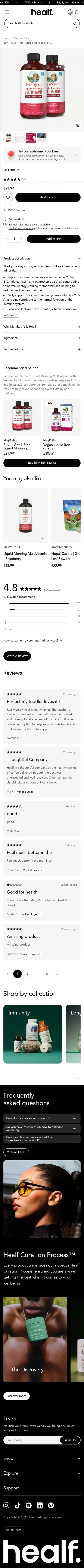 healf.com/products/buy-1-get-1-free-liquid-morning-multivitamin-hair-growth-peach-mango-raspberry on mobile, full screenshot