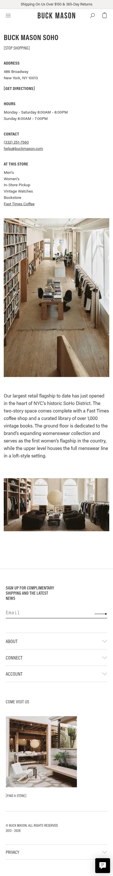 buckmason.com/pages/buck-mason-soho on mobile, full screenshot