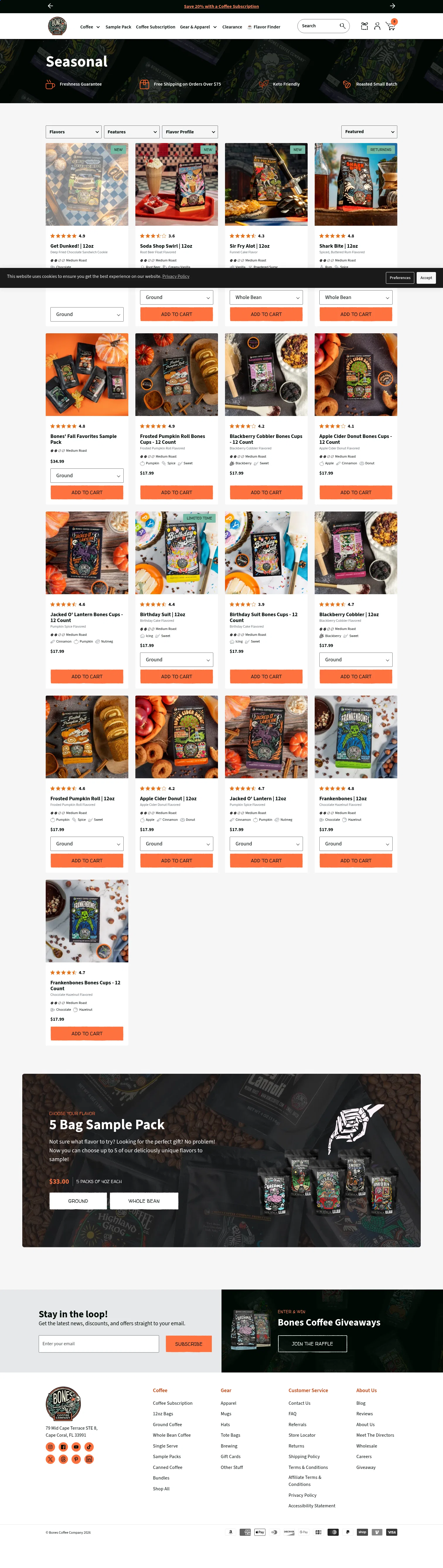 bonescoffee.com/collections/seasonal-collection-1 on desktop, full screenshot