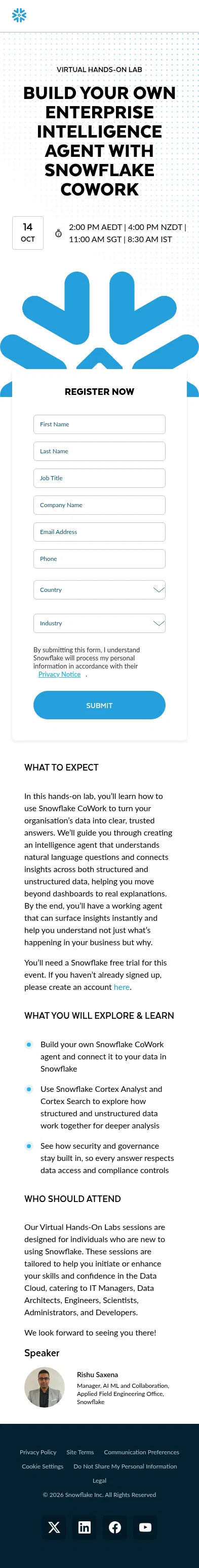 snowflake.com/en/webinars/virtual-hands-on-lab/build-your-own-enterprise-intelligence-agent-with-snowflake-cowork-2026-10-14 on mobile, full screenshot