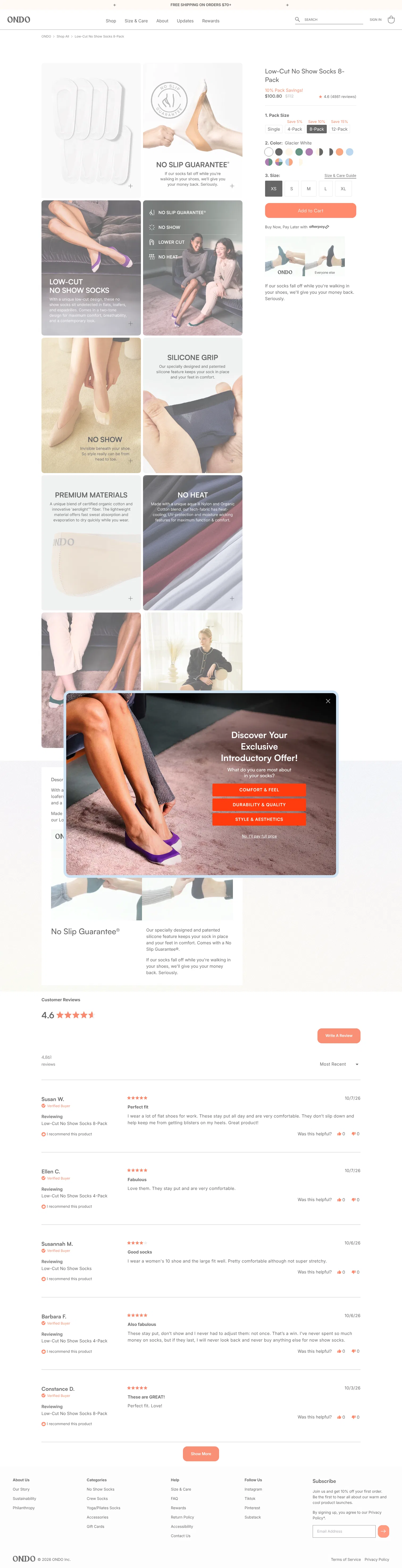 ondo.com/products/low-cut-no-show-socks-8-pack on desktop, full screenshot